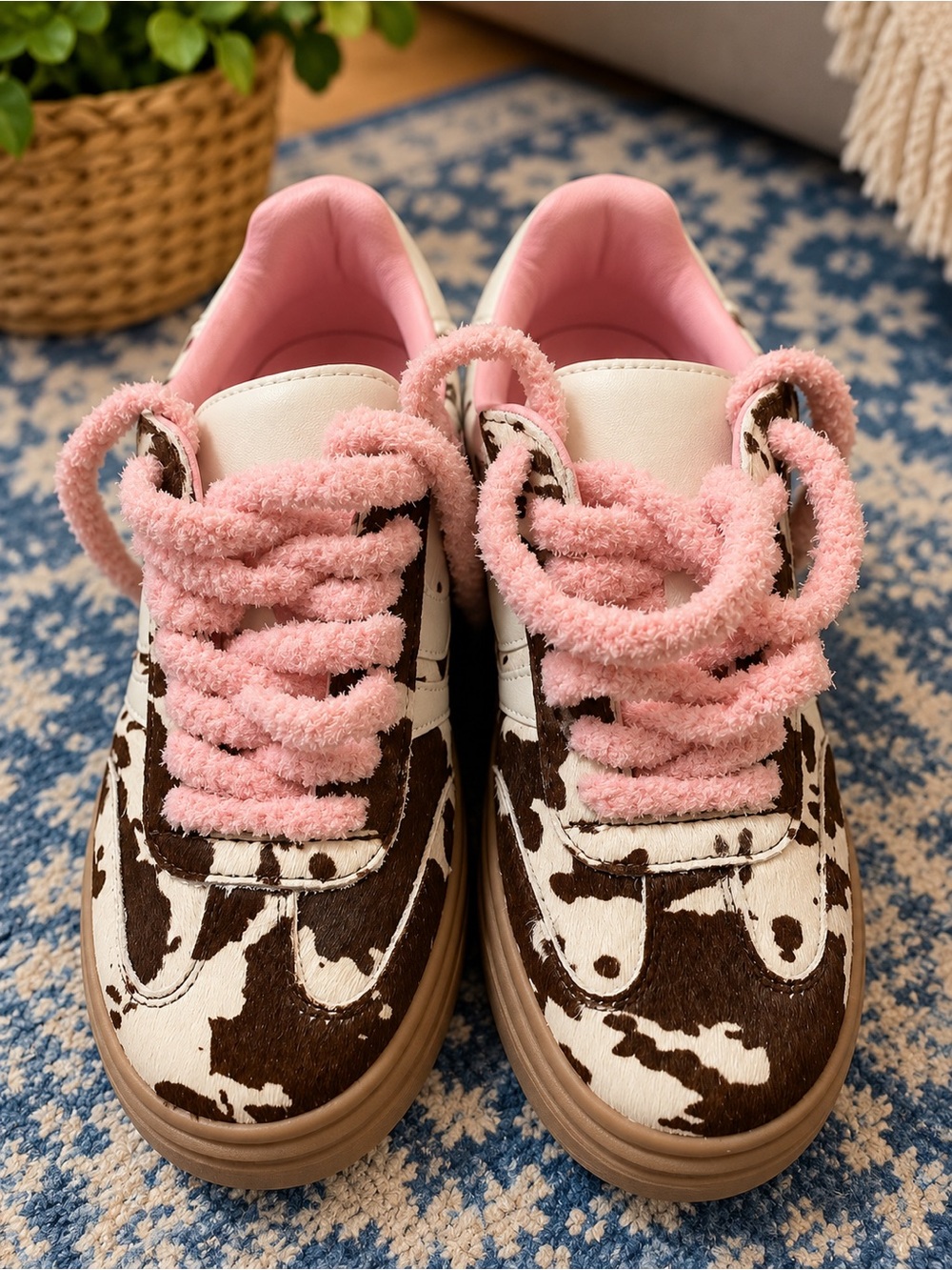 Madden Girl Pink-Lined Cow Print Athletic Sneakers